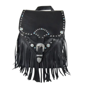 Zaino con frange in pelle morbida nera in stile western e hippie. impreziosita con turchesi e trittico in stile western