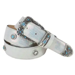 Cintura Norve in pelle stampato rettile boreale e stampata con strass e simil pietre turchesi