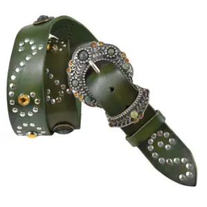 Cintura ortensia in cuoio verde borchiata con strass gialli