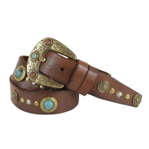 Cintura in cuoio marrone con borchie turchesi e color rosso