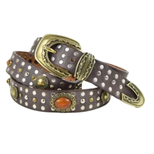Cintura retro borchiata in cuoio con simil pietre ambra