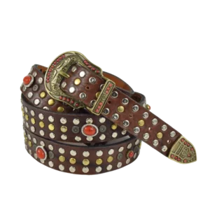Cintura Virginia in cuoio e borchiata con pietre rosse
