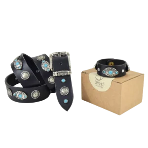Pacchetto regalo cintura più bracciale abbinato in cuoio borchiato