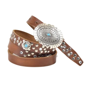 Cintura ladina in cuoio borchiata in stile country con borchie turchesi e fibbia western.