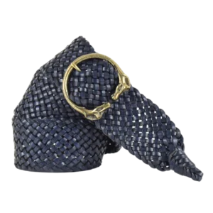 Cintura in cuoio intrecciata alta da donna color blu e fibbia a forma di teste di cavalli