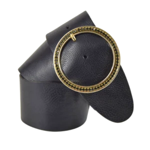 Cintura alta in cuoio nero con fibbia rotonda tempestata di strass neri.
