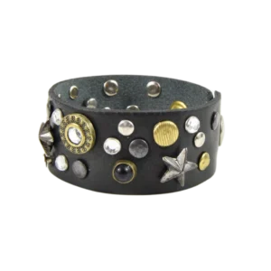 Bracciale in cuoio nero borchiato con strass e simil pietre nere