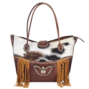 borsa in pelle, cavallino e frange in camoscio, borchiata a mano con pietre turchesi in stile western