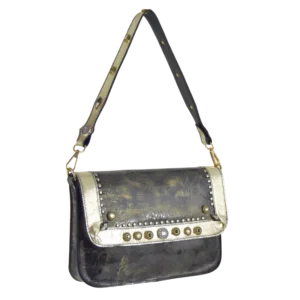 borsa in pelle nera e oro borchiata con strass