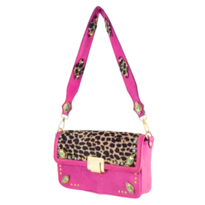 Borsa in pelle rosa e inserto leopardato con strass turchesi e dettagli dorati.