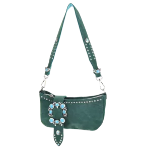 Borsa in camoscio borchiata iris con turchesi e camoscio verde