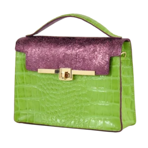 Borsetta in cocco verde grace con dettagli in pelle laminata viola