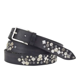 Cintura in cuoio nero borchiata con borchie argento