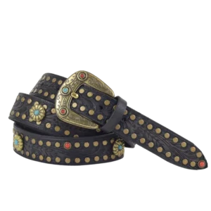 Cintura in cuoio stampato a fuoco e borchiata a mano con rivetti color ottone borchie con simil pietre turchesi e corallo