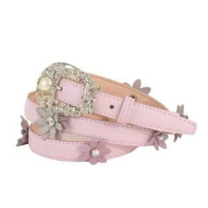 Cintura in pelle orsa sottile con applicazioni in pelle a forma di fiore e impreziosita con simil pietre a borchie