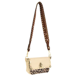 Borsa in pelle chiara e inserto frontale in cavallino leopardato con borchie a strass bianco e lilla