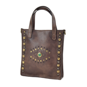 Borsa in pelle marrone piccola stile stopper borchiata al centro con disegno geometrico