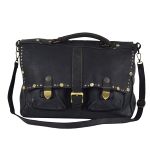 borsa a Cartella stile 24h in pelle nera e borchiata con rivetti color oro e ottone