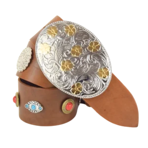 Cintura in cuoio marrone alta con fibbia stile western e borchia con turchesi e corallo