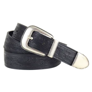 Cintura in cuoio stampato con motivi floreali e trittico semplice in stile western