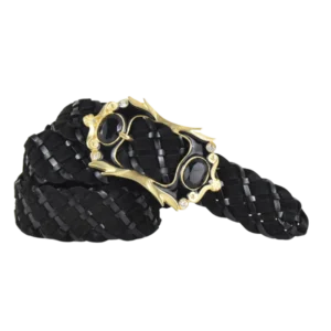 Cintura intrecciata in pelle e camoscio con fibbia gioiello oro con strass neri e bianchi