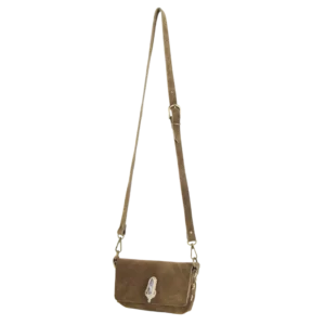 Borsetta a tracolla modello Miki in pelle scamosciata color verde militare e intrecci macramè con pietra ametista