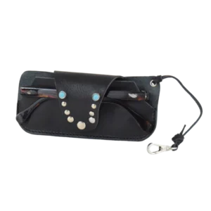 Custodia porta occhiali in pelle con borchie turchesi